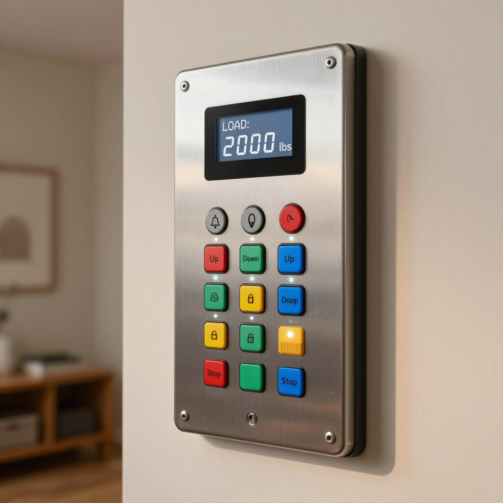 Wall-mounted metal control panel with digital display and colorful buttons in a room