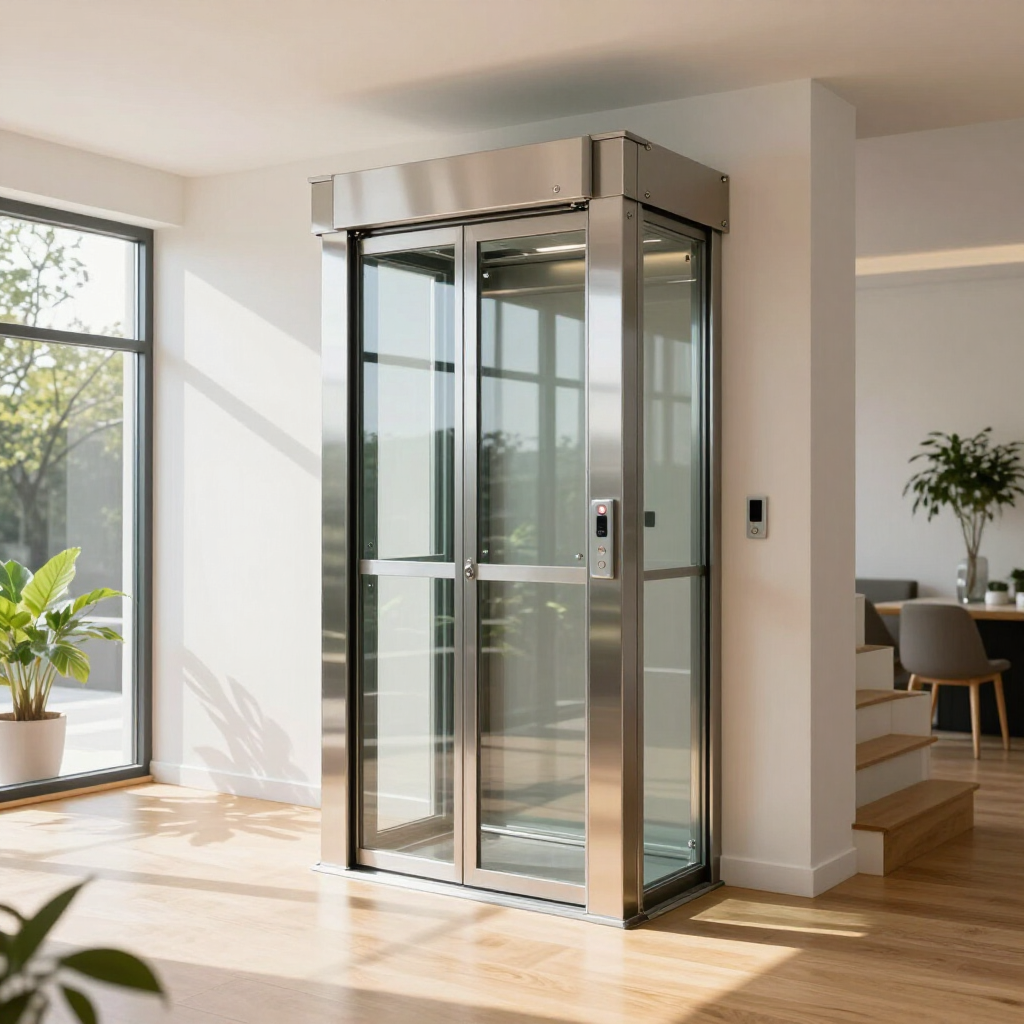 Modern glass elevator in a bright, sunlit apartment with wooden floors and indoor plants