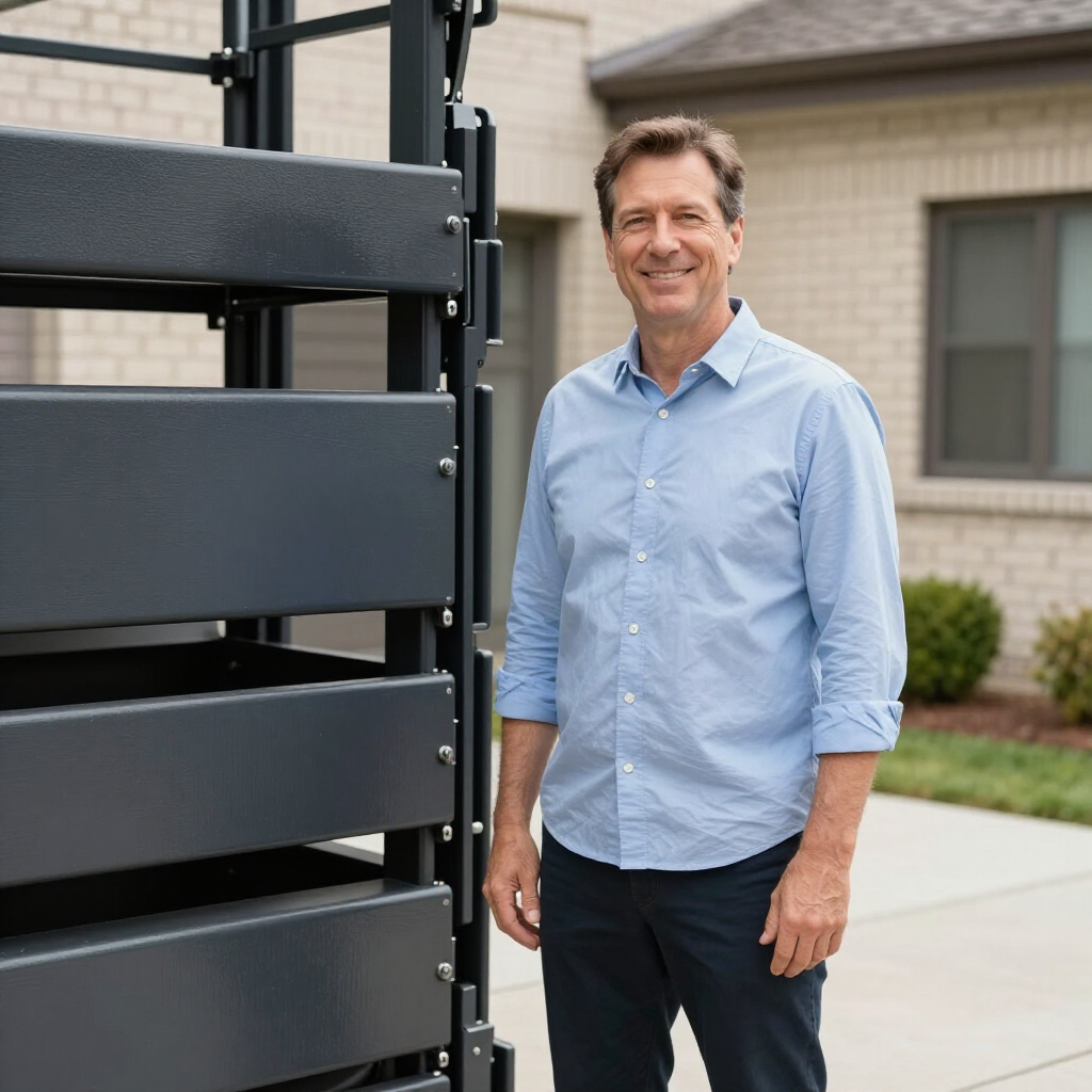 Man standing beside a black metal structure outdoors, wearing a light blue shirt and smiling.