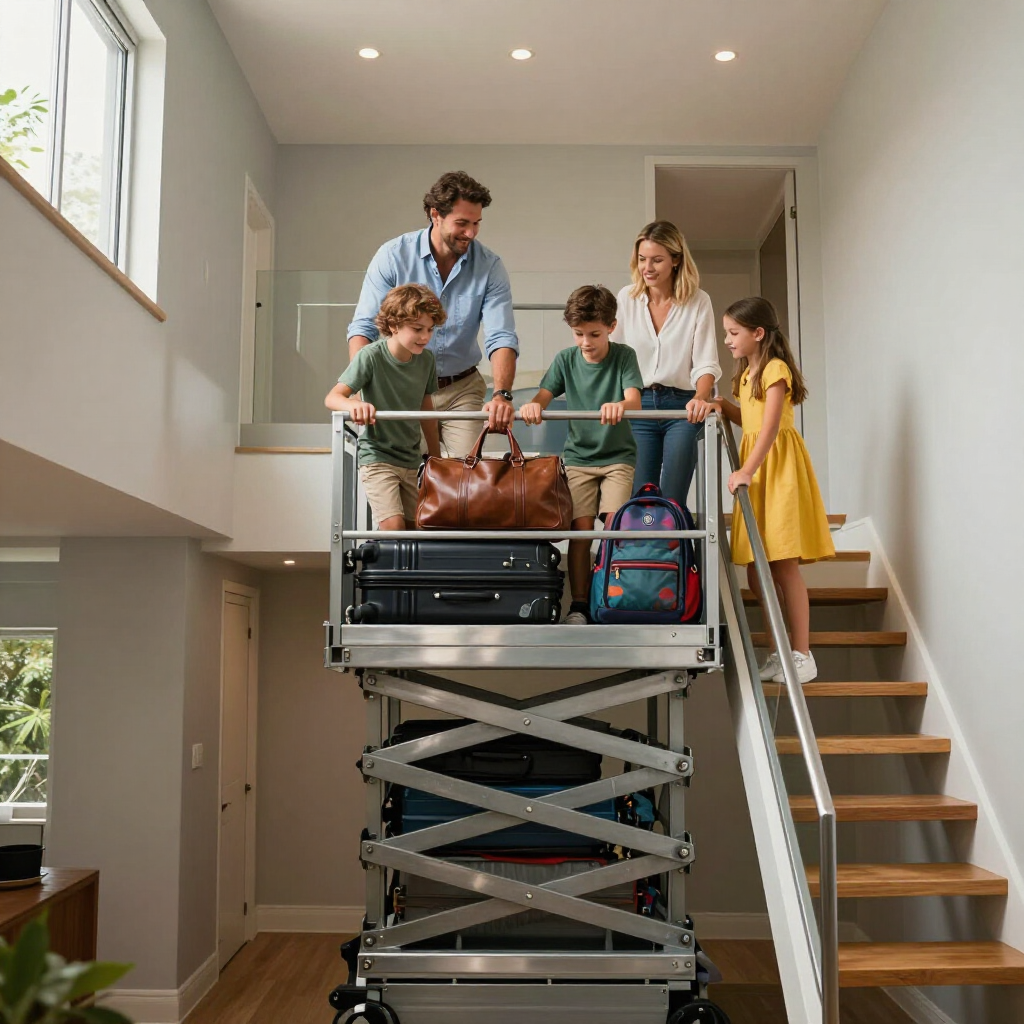 Family on a home elevator lift between floors, with luggage and stairs beside them