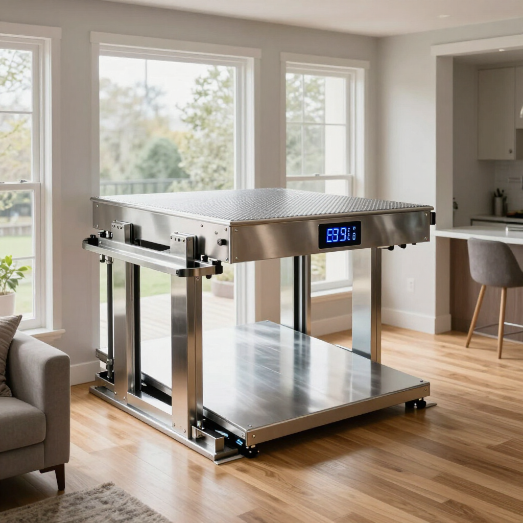 Folding height-adjustable metal worktable with digital display in a bright modern living room