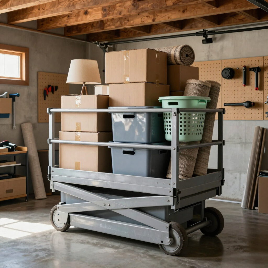 Rolling utility cart loaded with boxes and storage bins in a garage workshop