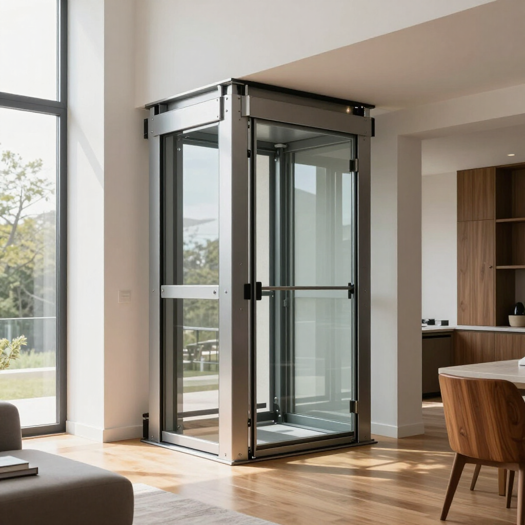 Modern glass elevator in a bright open-plan home with wood floors and a dining area nearby