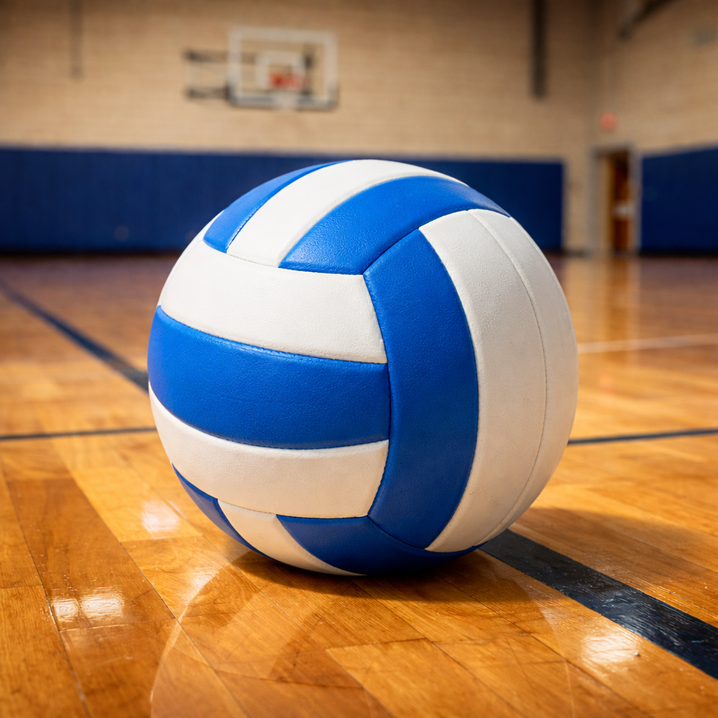 A blue and white volleyball sits on a polished gymnasium floor, with a basketball hoop in the blurred background.