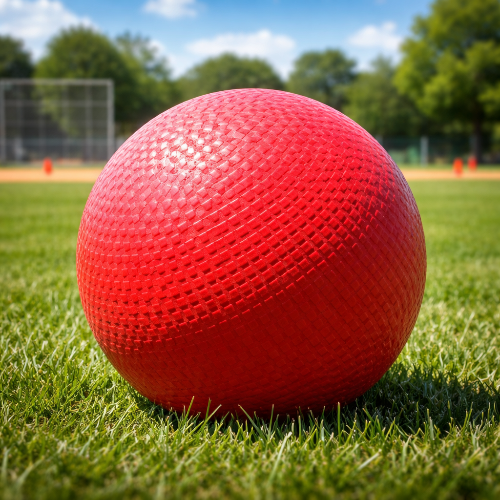 A bright red kickball sits on a green grass field with a blurred baseball diamond in the background.