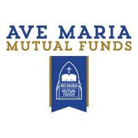 Ave Maria Mutual Funds logo in blue and gold with a religious emblem and banner