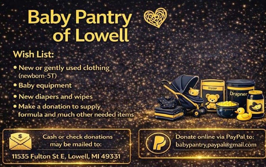Baby Pantry of Lowell donation flyer with wish list, contact info, and baby supplies on dark background