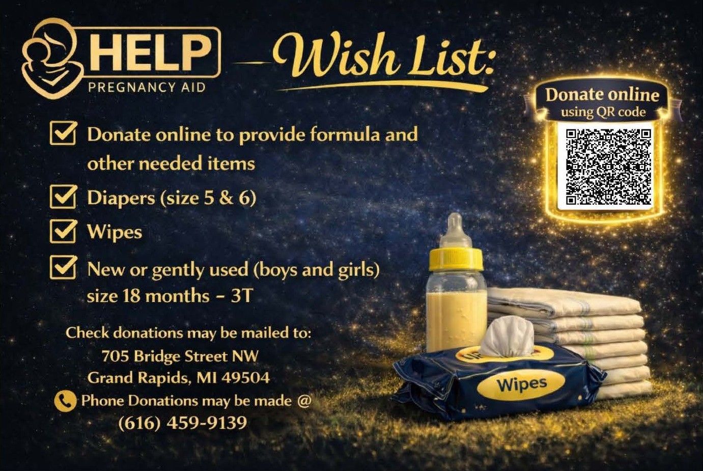 HELP wish list flyer for donated formula, diapers, wipes, and baby items with donation QR code