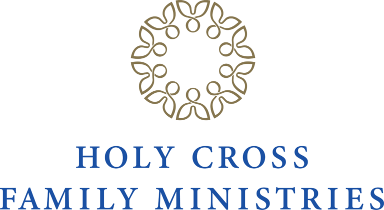 Holy Cross Family Ministries logo with gold floral cross emblem and blue serif text on white background