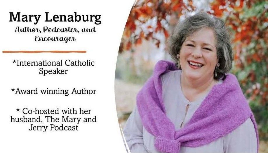 Mary Lenaburg author promo with smiling woman in white top and purple scarf, text listing speaker and author roles
