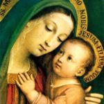 Mary holding baby Jesus in a tender religious painting with green and gold tones