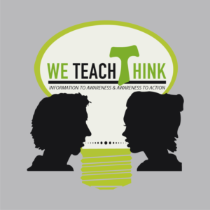 Logo reading “We Teach Think” with two facing black profiles and a green light bulb speech bubble.