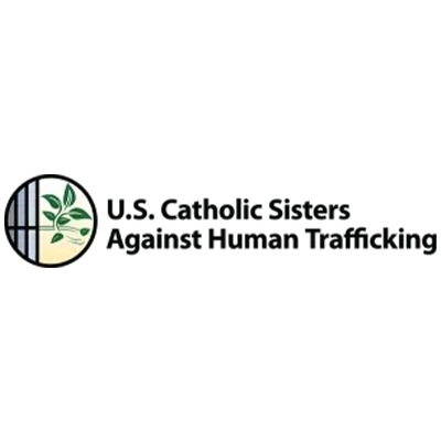 Logo for U.S. Catholic Sisters Against Human Trafficking with green leaves and a circle icon
