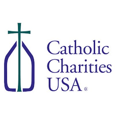 Catholic Charities USA logo with teal cross and purple outline beside blue text