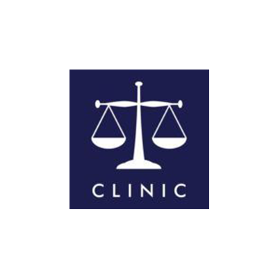 White scales icon above the word “CLINIC” on a dark blue square logo