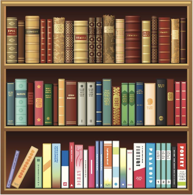 Three shelves of colorful vintage books in a wooden bookcase