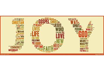 Christian-themed word art poster in warm beige and orange with key words like gospel, love, faith, and God.