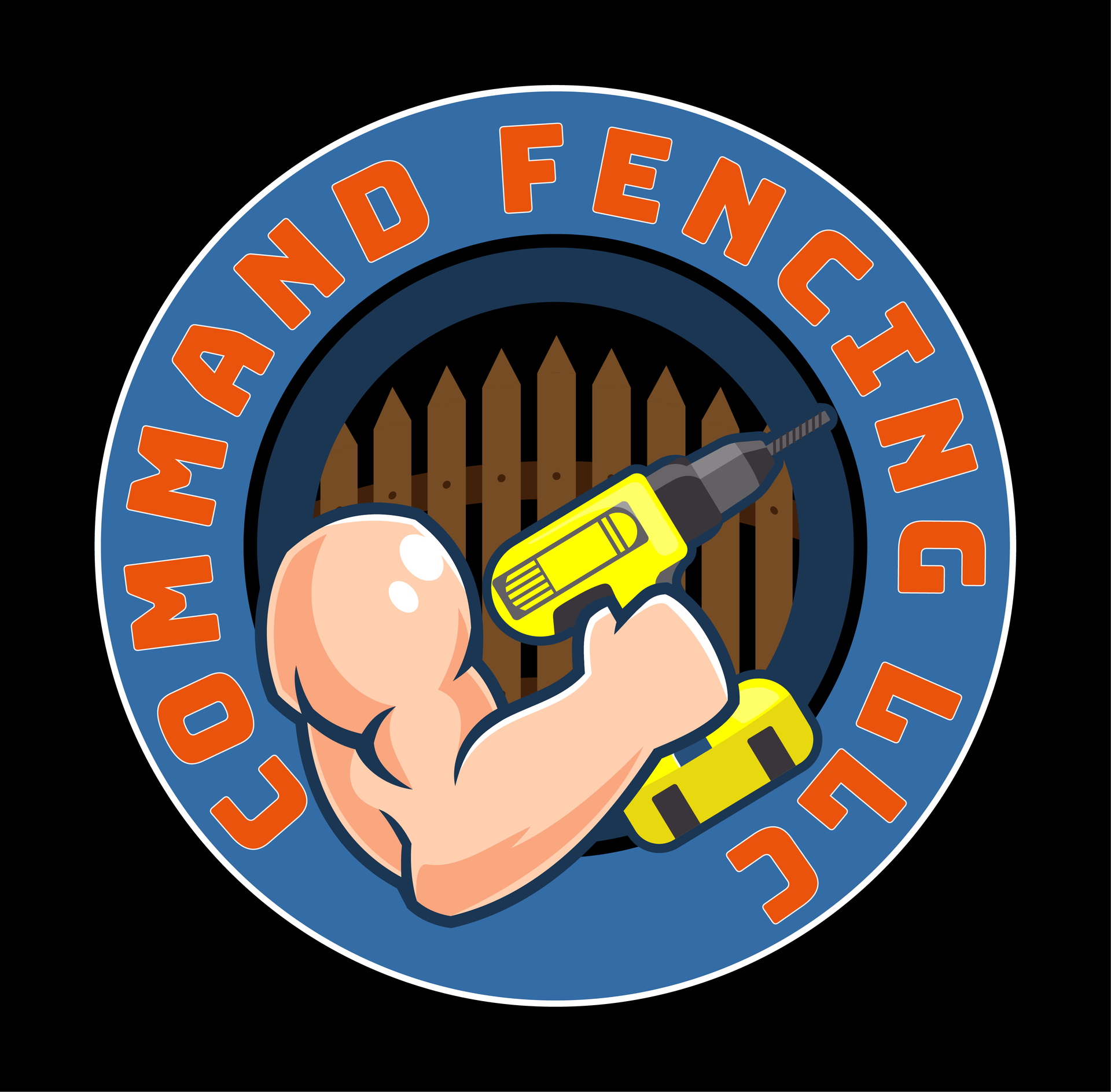 A logo for command fence llc shows a man holding a drill  | Niceville, FL | Command Fencing