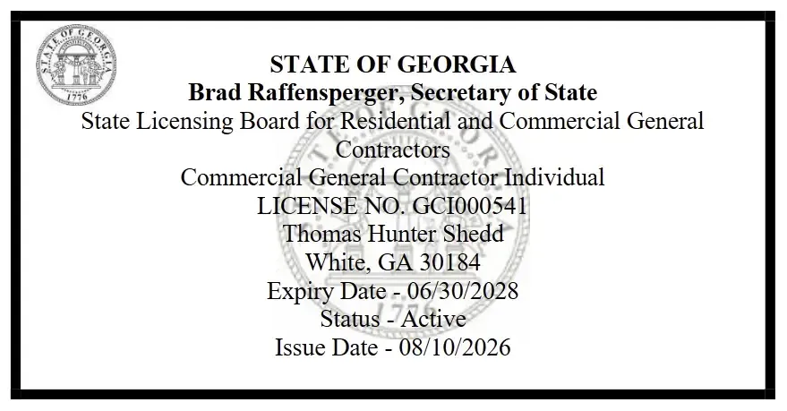 Georgia state Commercial General Contractor license card with seal and license details on white background