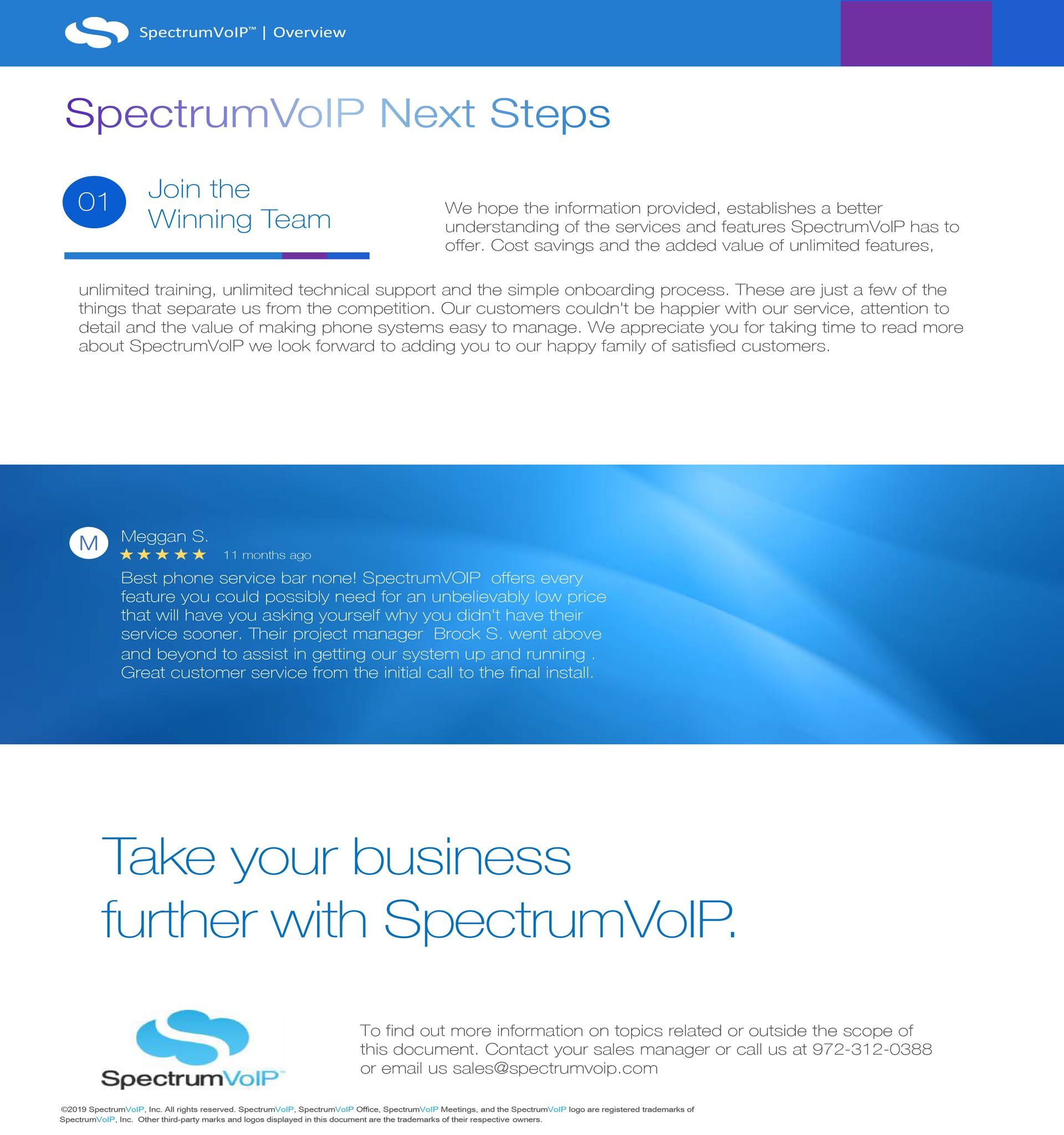 A blue and purple brochure for spectrum voip next steps