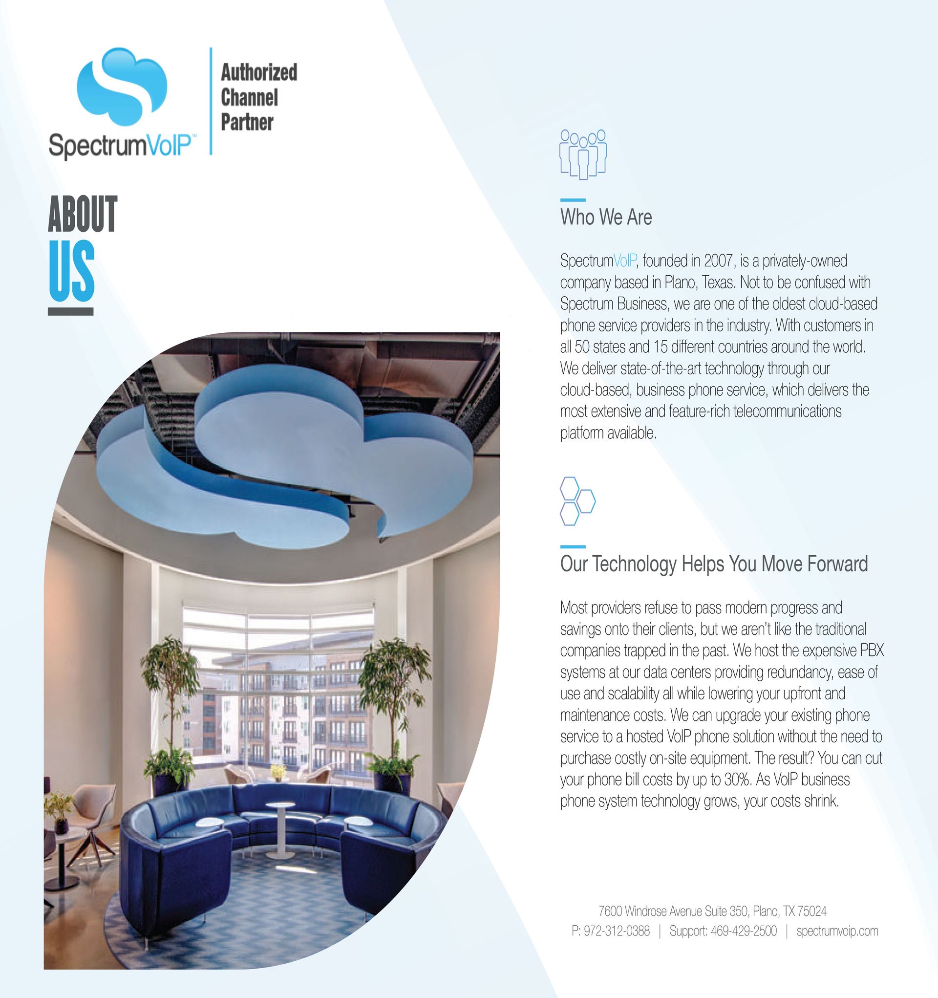 A brochure with a picture of a room and the words about us