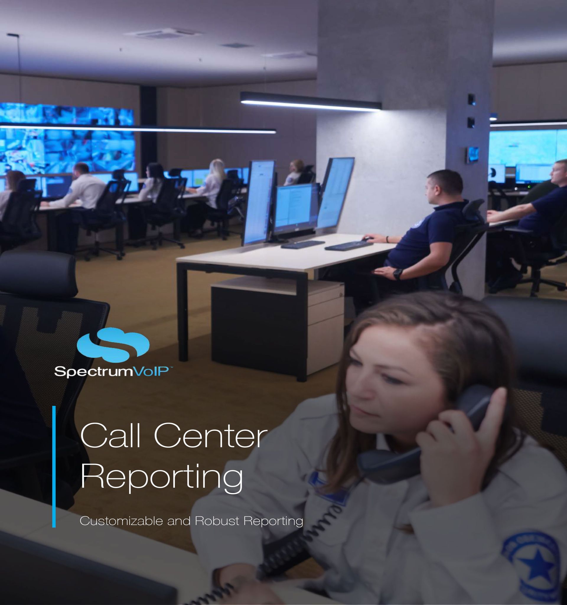 A woman is talking on a phone in a call center