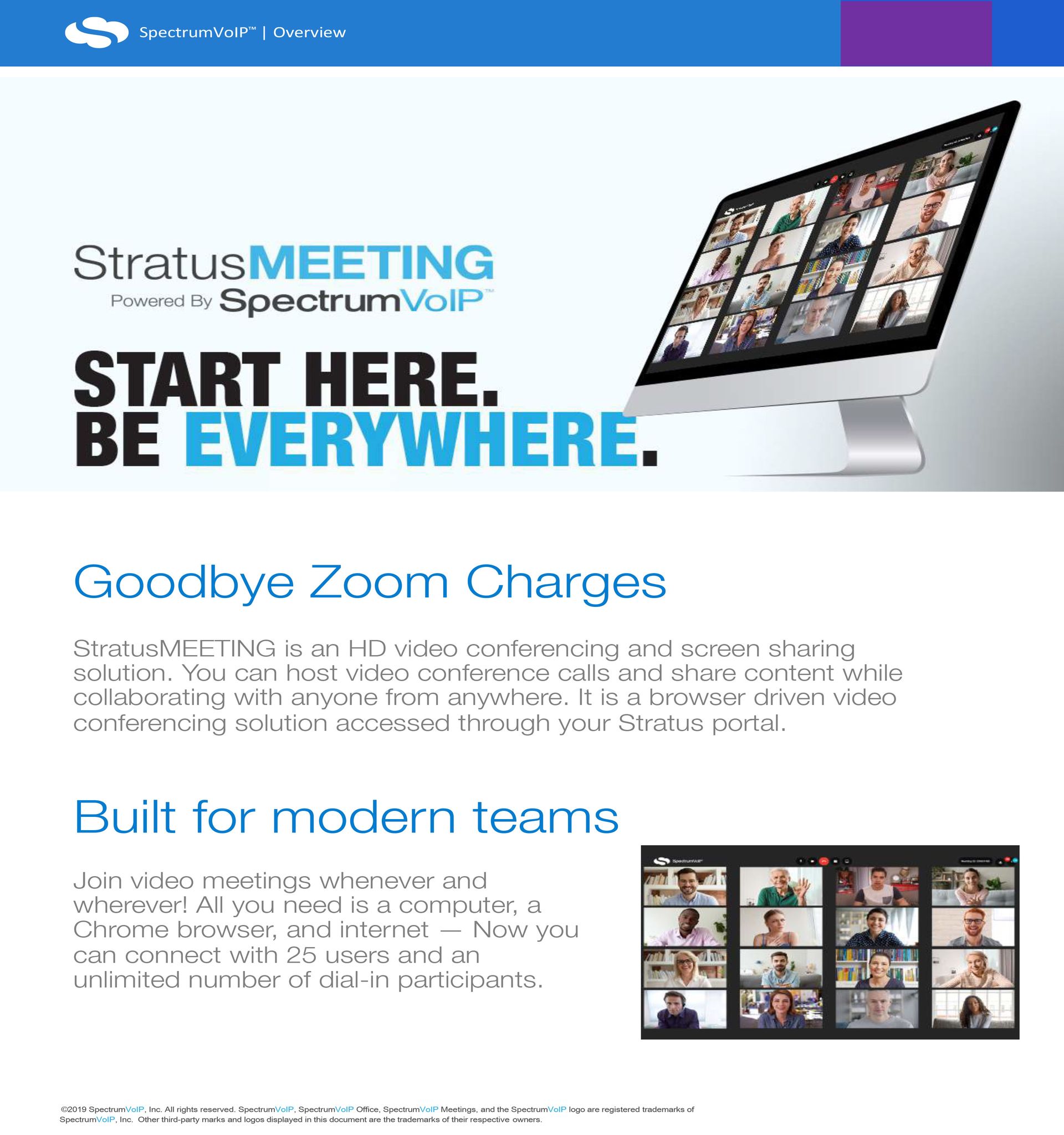 An advertisement for stratus meeting shows a computer screen with a bunch of people on it.