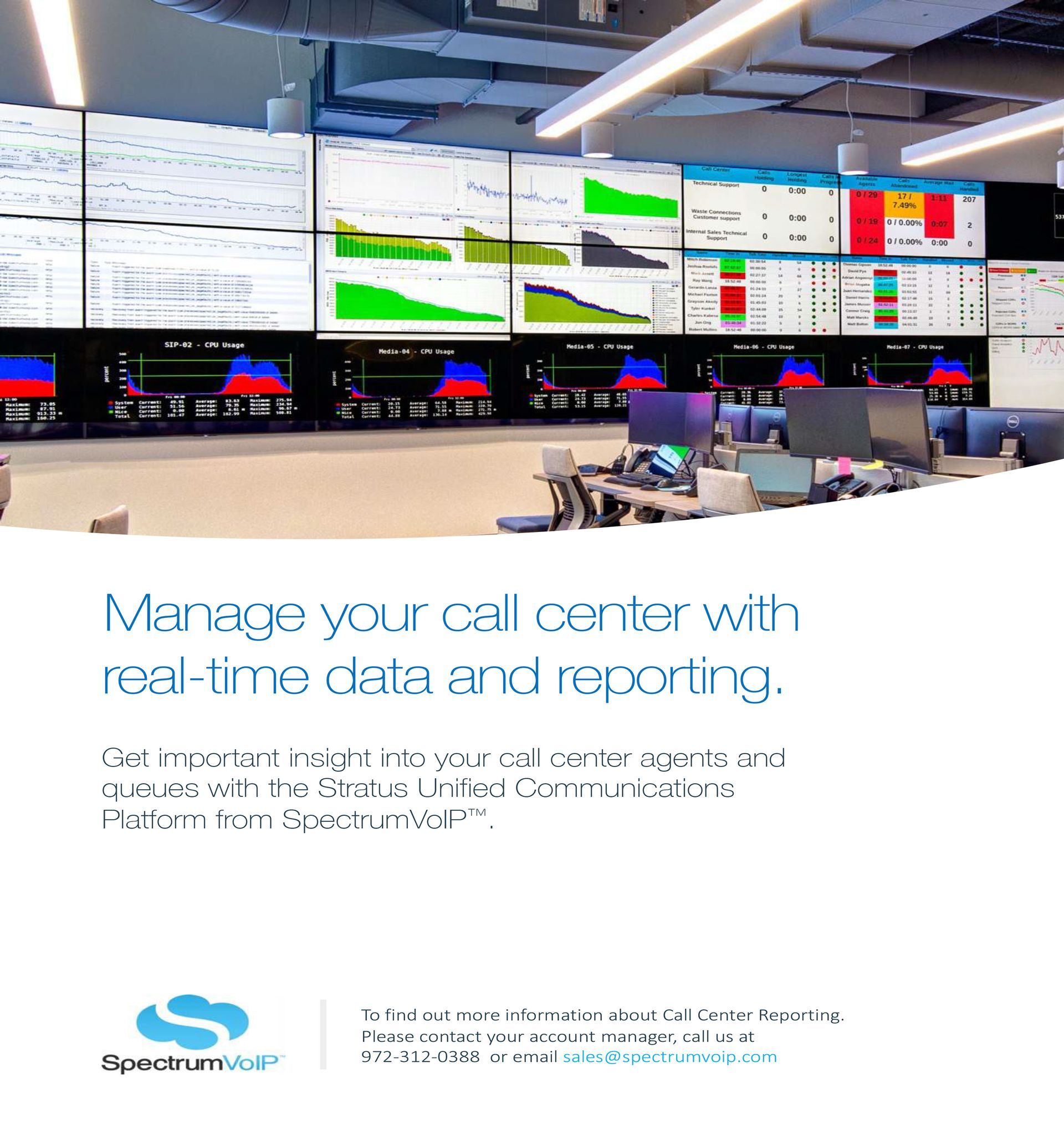 An advertisement for manage your call center with real time data and recording