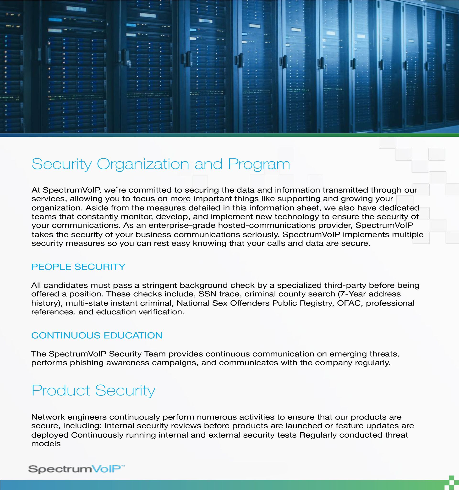 A brochure for spectrum voip features a picture of a server room