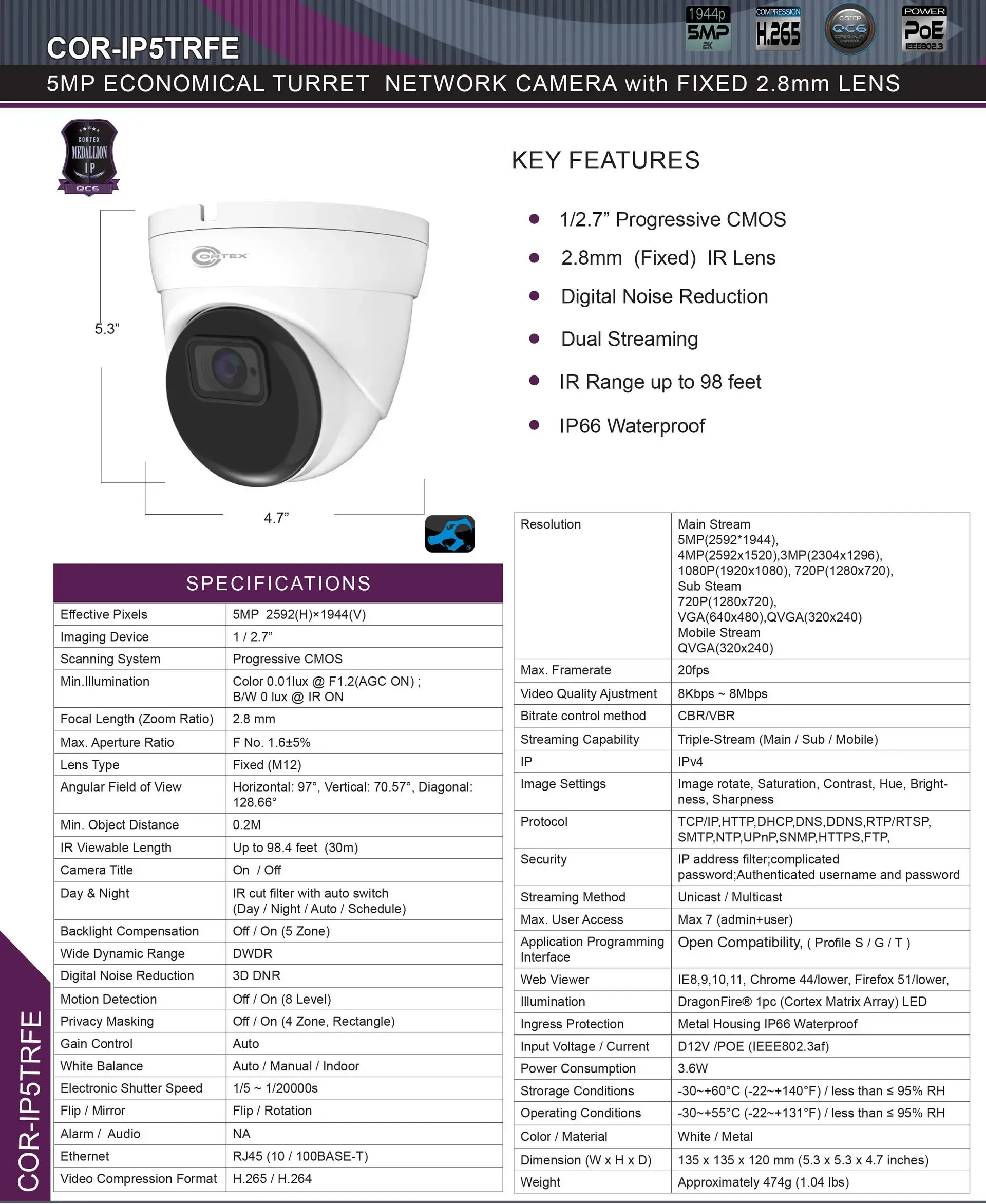 A brochure for a security camera with a picture of a camera and specifications.