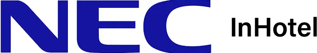 A blue nec in hotel logo on a white background