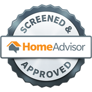 A screened and approved home advisor badge on a white background