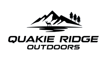 A black and white logo for quakie ridge outdoors with a mountain and trees.