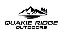 A black and white logo for quakie ridge outdoors with a mountain and trees.