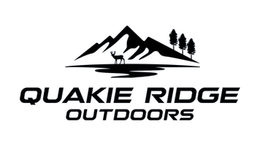 A black and white logo for quakie ridge outdoors with a mountain and trees.