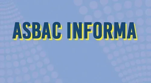 Um fundo azul com as palavras asbac informa em letras amarelas.