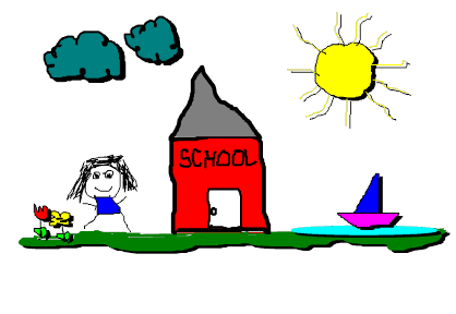 Cartoon depiction: child, school, sun, clouds, sailboat, flowers. Girl excited near building labeled 