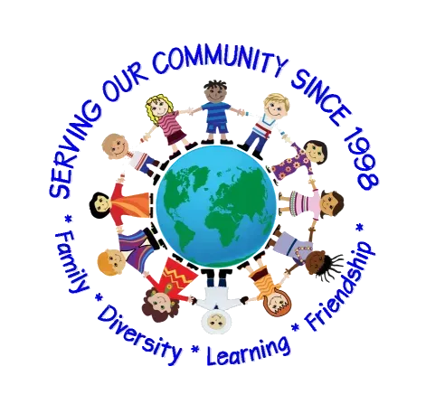 Children of diverse ethnicities holding hands around a blue globe; text: Serving Our Community Since 1998, Family, Diversity, Friendship, Learning.