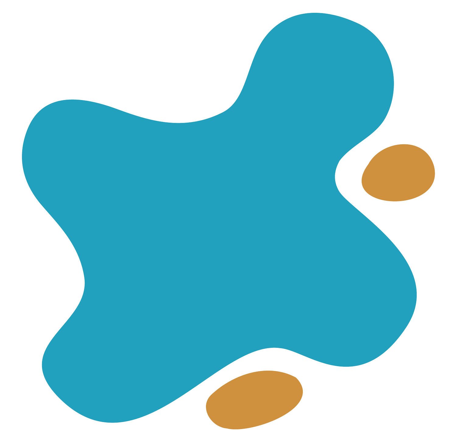 Blue abstract shape with two smaller brown shapes.