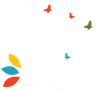 Colorful butterflies flying around a logo with three overlapping petals.