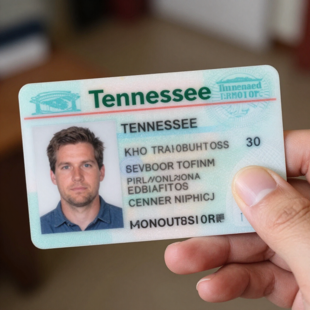 Hand holding a Tennessee driver's license with a photo and text visible.