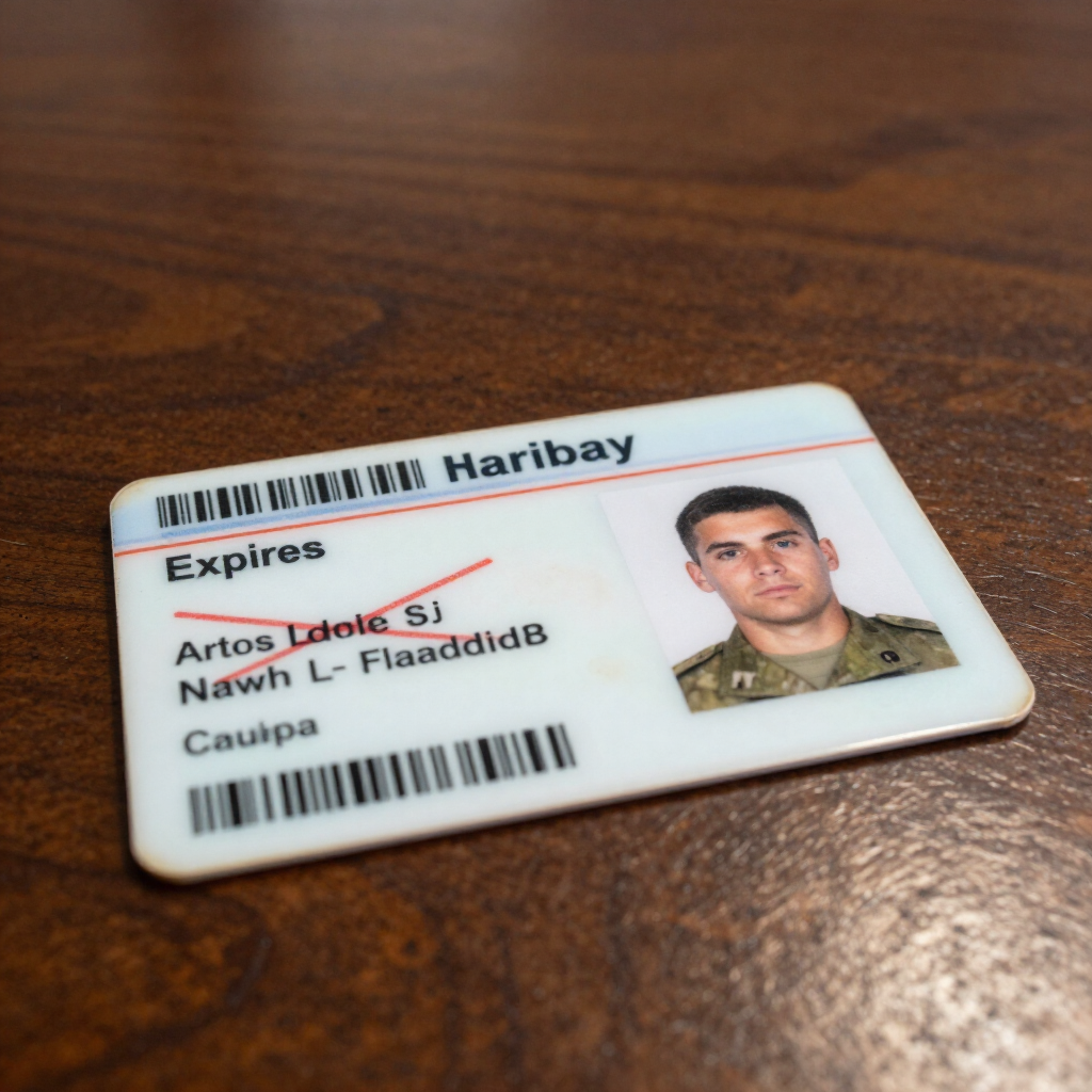 Small ID card with a photo and text, lying on a wooden table.