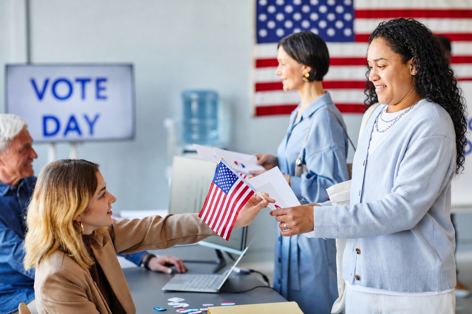 Voting station with an official handing a small U.S. flag to a voter beside a “VOTE DAY” sign