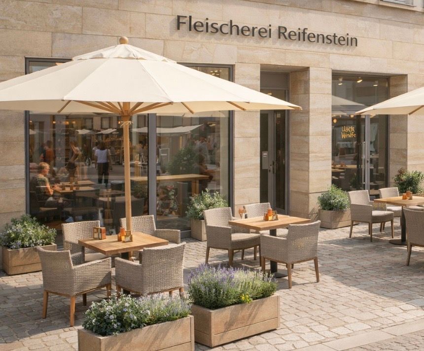 Außengastronomie vor der Bäckerei Fleischer Reifstein mit Sonnenschirmen, Tischen und Pflanzkästen.