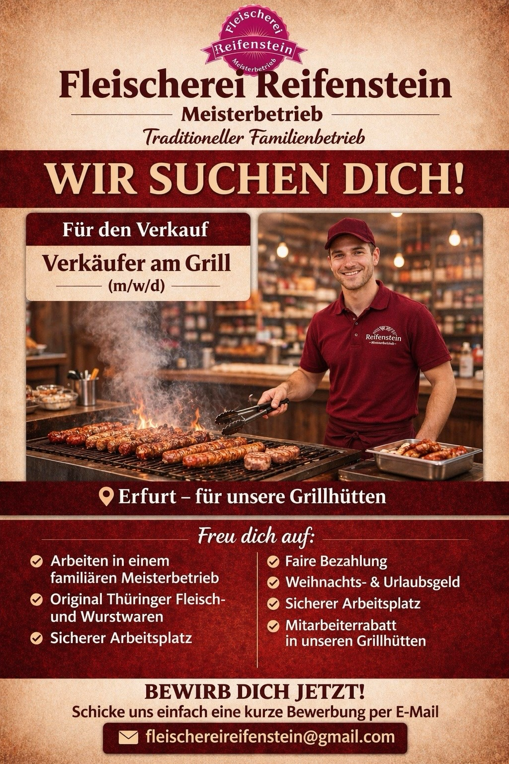 Fleischerei Reifestein hiring poster for grill sales assistant, with smiling man at a grill in Erfurt