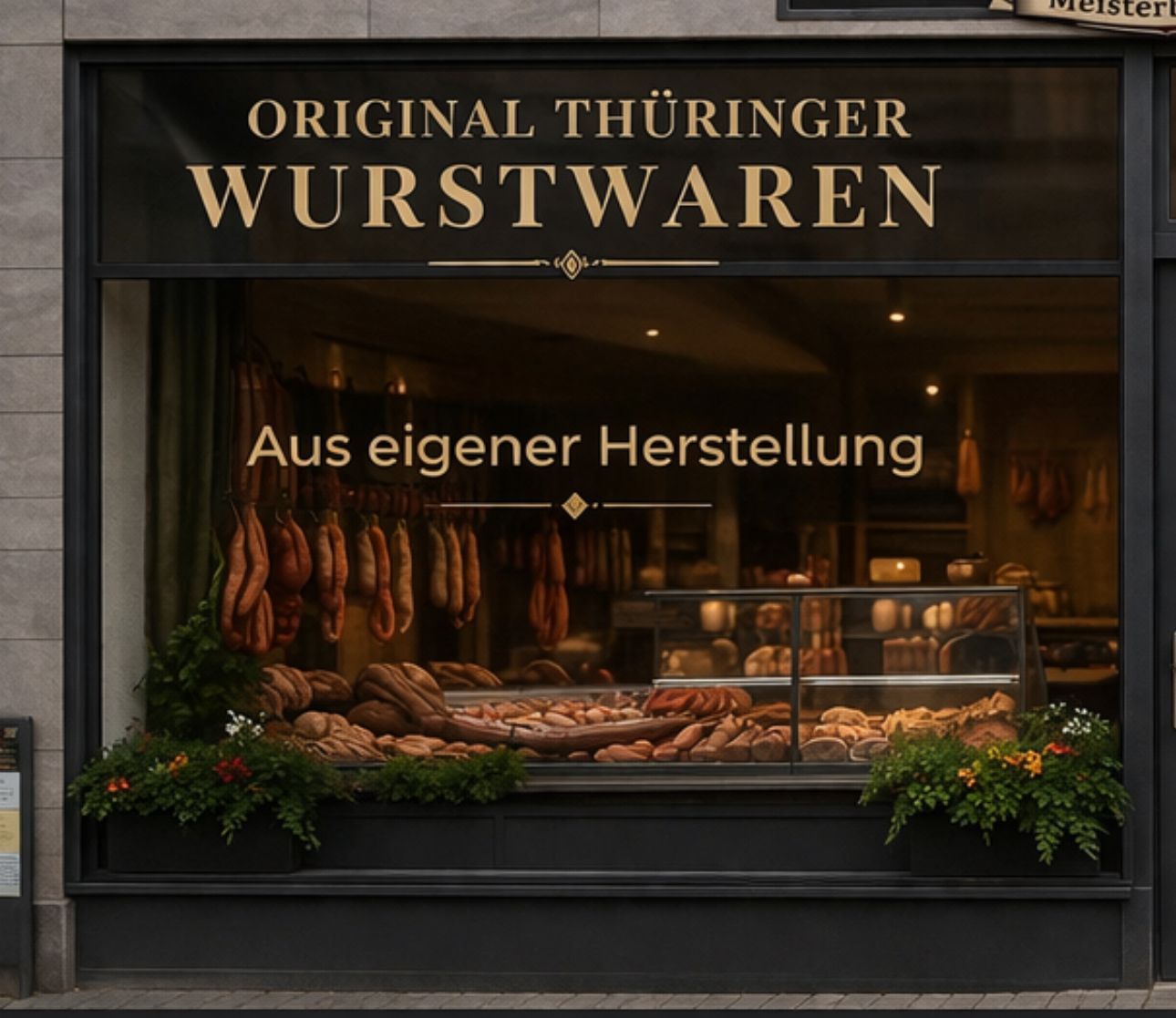 Schaufenster einer Metzgerei mit Würsten und Fleischwaren, Schild mit der Aufschrift „Original Thüringer Wurstwaren“