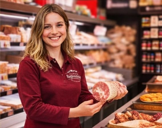 Eine lächelnde Person in roter Uniform hält hinter einer Theke eines Feinkostladens ein Stück Salami in der Hand.