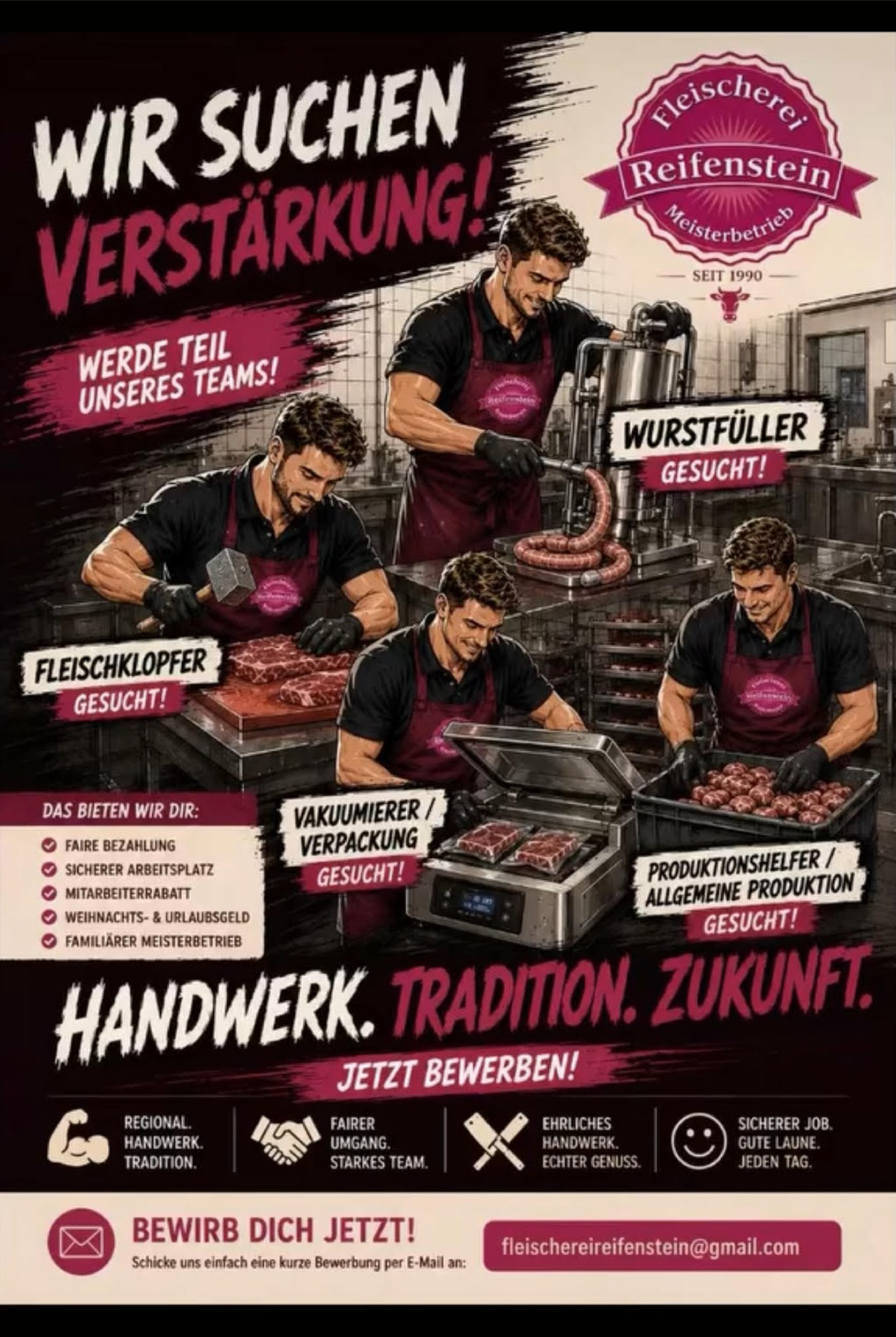 Werbeplakat sucht Verstärkung im Handwerk, mit vier Mitarbeitenden und Werkzeugen vor schwarzem Hintergrund