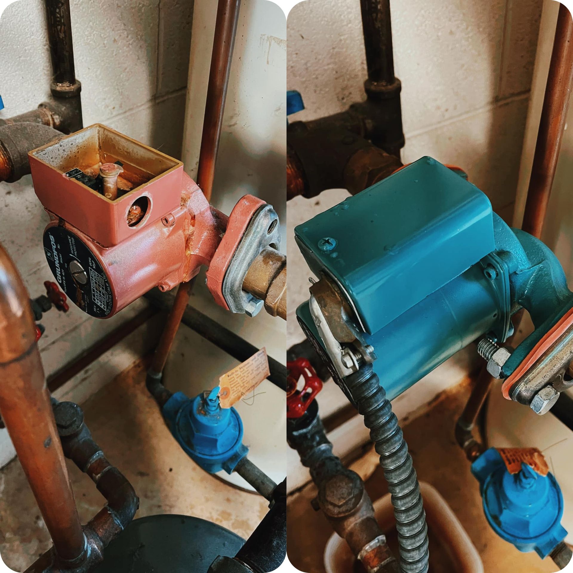 Two pictures of a water pump before and after being cleaned