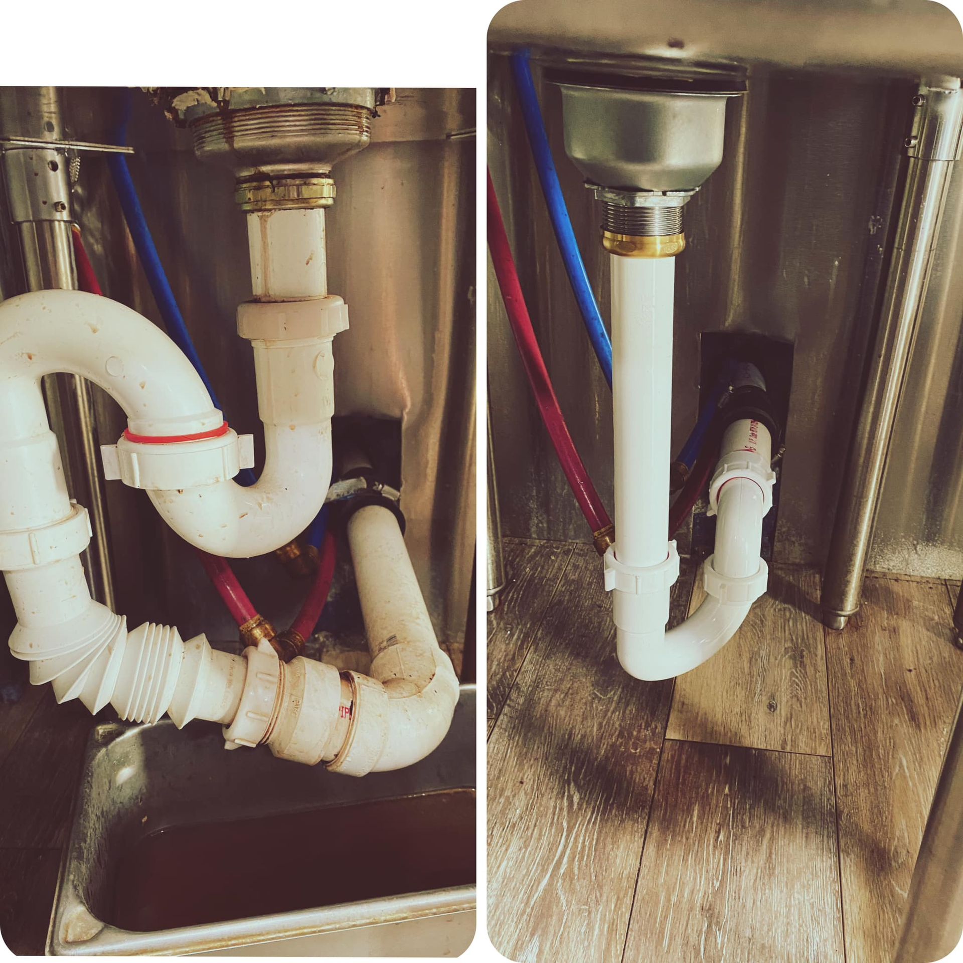 A sink with a lot of pipes underneath it
